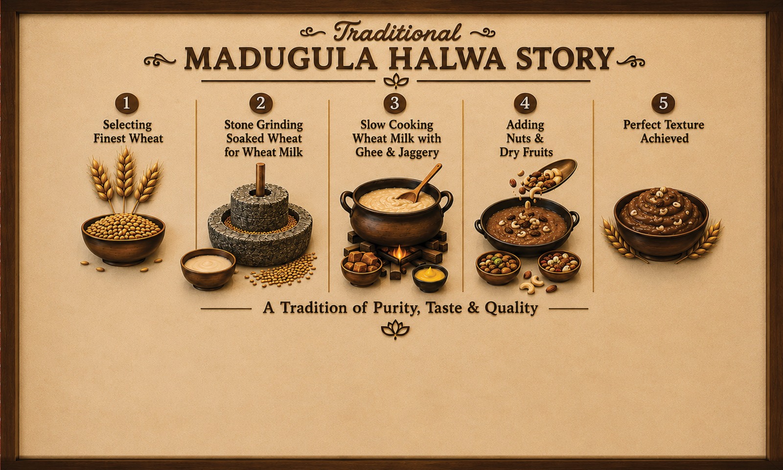 The traditional Madugula Halwa story: selecting finest wheat, stone grinding soaked wheat for wheat milk, slow cooking with ghee and jaggery, adding nuts and dry fruits, and achieving the perfect texture